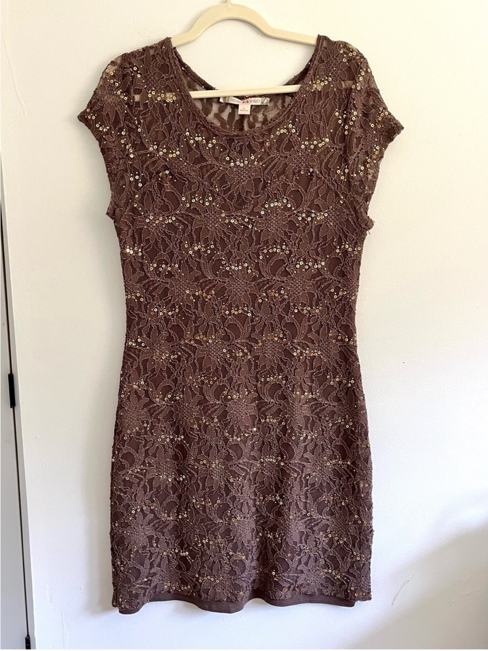 Chelsea & Violet Brown Lace Gold Sequin Sheath Mini Dress 90’s Grunge Romantic L